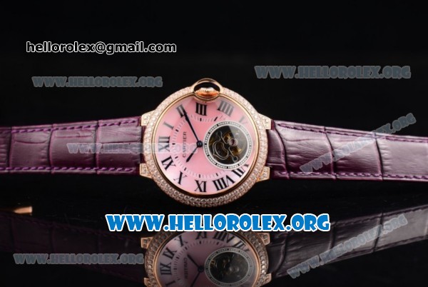 Cartier Ballon Bleu De Tourbillon Swiss Tourbillon Manual Winding Rose Gold Case with Pink Dial Purple Leather Strap and Roman Numeral Markers - Click Image to Close