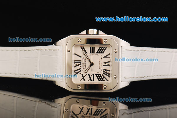 Cartier Santos 100 Swiss ETA 2671 Automatic Movement Steel Case with White Dial and White Leather Strap-1:1 Original - Click Image to Close