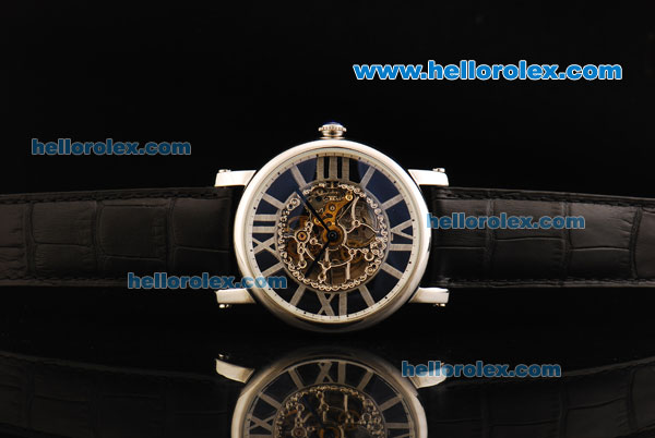 Cartier Rotonde De Cartier Skeleton Automatic Movement Steel Case with Blue Hands and Black Leather Strap - Click Image to Close