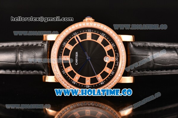 Cartier Rotonde De Miyota Quartz Rose Gold Case with Black Dial Diamonds Bezel and Diamonds Markers - Click Image to Close