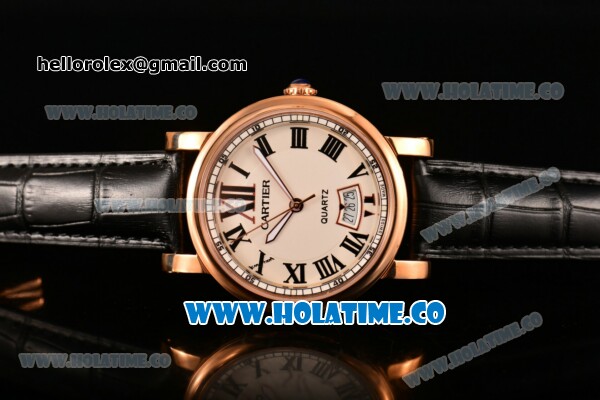 Cartier Rotonde De Miyota Quartz Rose Gold Case with White Dial and Black Leather Strap - Roman Numeral Markers - Click Image to Close