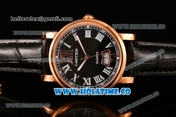 Cartier Rotonde De Miyota Quartz Rose Gold Case with Black Dial Leather Strap and White Roman Numeral Markers - Click Image to Close