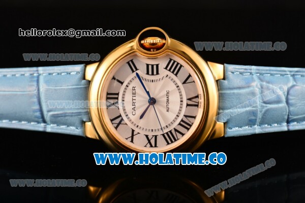 Cartier Ballon Bleu De Medium Asia 4813 Automatic Yellow Gold Case with Silver Dial and White Leather Strap - Roman Numeral Markers (GF) - Click Image to Close