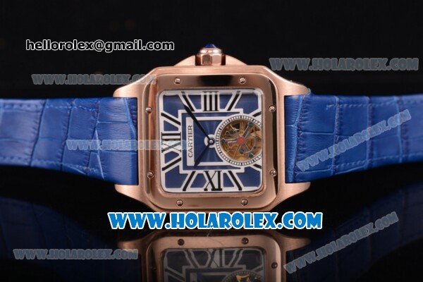 Cartier Santos Tourbillon Asia Automatic Rose Gold Case with Blue Dial and Blue Leather Strap - Roman Numeral Markers - Click Image to Close