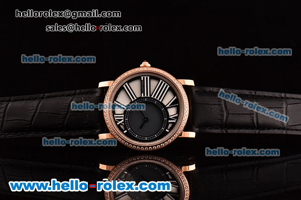 Cartier Ronde Swiss Ronda Quartz Rose Gold Case with Black Leather Strap and White Dial - Click Image to Close