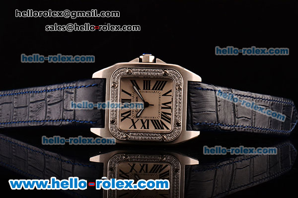 Cartier Santos 100 Medium Japanese Miyota OS2035 Quartz Steel Case with Blue Leather Strap Diamond Bezel and White Dial - Click Image to Close