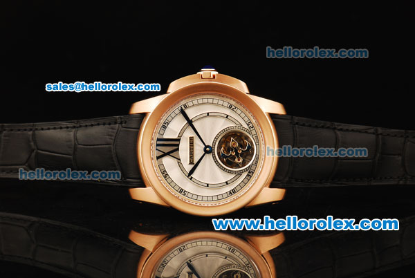 Cartier Calibre Swiss Tourbillon Manual Winding Movement Rose Gold Case with White Dial and Black Leather Strap - Click Image to Close