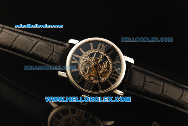 Cartier Rotonde De Cartier Skeleton Automatic Movement Steel Case with Black Leather Strap - Click Image to Close