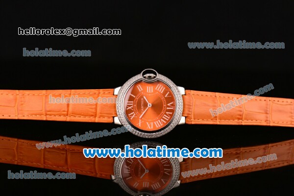 Cartier Ballon Bleu Swiss Quartz Stainless Steel Case with Orange Leather Strap Diamond Bezel and Orange Dial - Click Image to Close