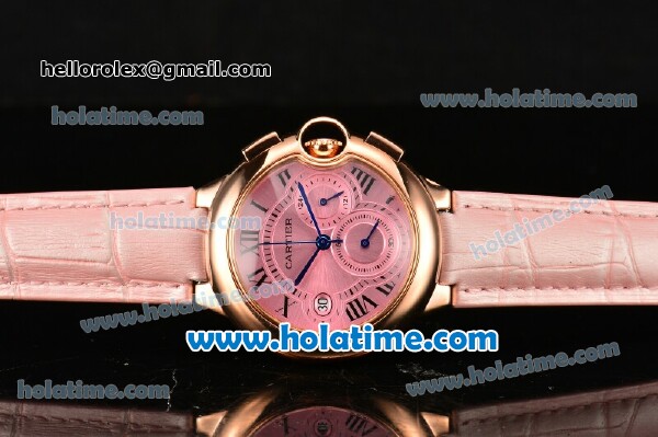 Cartier Ballon Bleu De Medium Chrono Miyota Quartz Rose Gold Case with Pink Dial Roman Numeral Markers and Pink Leather Strap - Click Image to Close