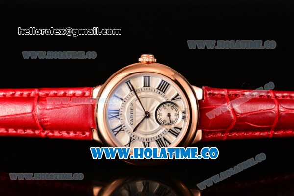 Cartier Ballon Bleu De Small Swiss Quartz Rose Gold Case with White Dial Black Roman Numeral Markers and Red Leather Strap - Click Image to Close