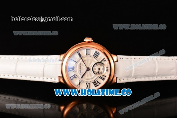 Cartier Ballon Bleu De Small Swiss Quartz Rose Gold Case with White Dial Black Roman Numeral Markers and White Leather Strap - Click Image to Close