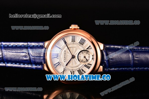 Cartier Ballon Bleu De Small Swiss Quartz Rose Gold Case with White Dial Black Roman Numeral Markers and Blue Leather Strap - Click Image to Close