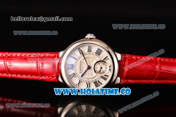 Cartier Ballon Bleu De Small Swiss Quartz Steel Case with White Dial Black Roman Numeral Markers and Red Leather Strap - Click Image to Close