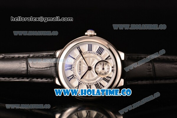 Cartier Ballon Bleu De Small Swiss Quartz Steel Case with White Dial Roman Numeral Markers and Black Leather Strap - Click Image to Close