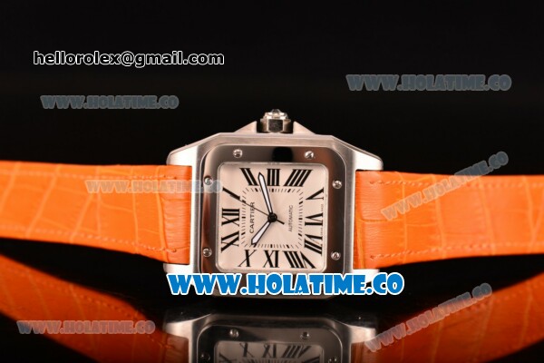 Cartier Santos 100 Large Asia Automatic Steel Case with Orange Leather Strap Black Roman Numeral Markers and White Dial - Click Image to Close