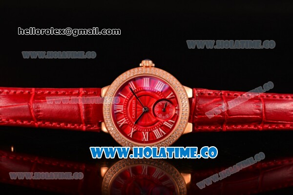 Cartier Ballon Bleu De Small Swiss Quartz Rose Gold Case with Diamonds Bezel Red Dial and Red Leather Strap - White Markers - Click Image to Close