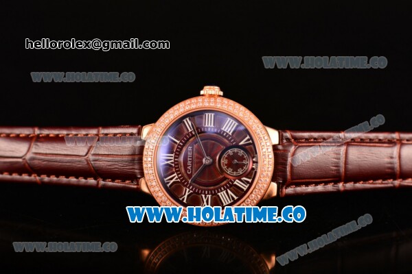 Cartier Ballon Bleu De Small Swiss Quartz Rose Gold Case with Diamonds Bezel Brown Dial and Brown Leather Strap - White Markers - Click Image to Close