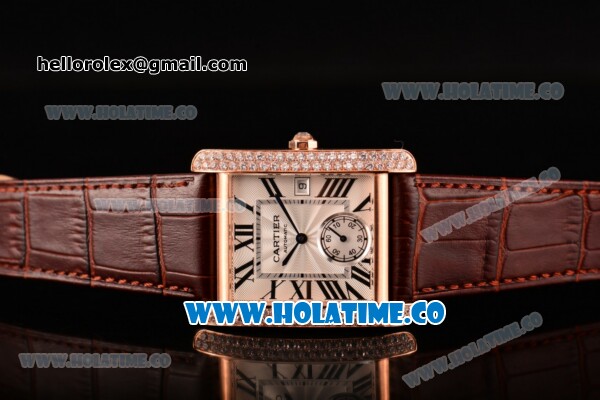 Cariter Tank MC Swiss ETA 2824 Automatic Rose Gold Case with White Dial Brown Leather Strap Diamonds Bezel and Roman Numeral Markers - Click Image to Close