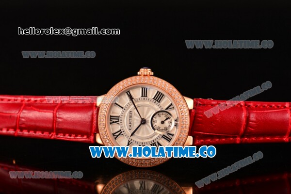 Cartier Ballon Bleu De Small Swiss Quartz Rose Gold Case with Diamonds Bezel White Dial and Red Leather Strap - Black Markers - Click Image to Close