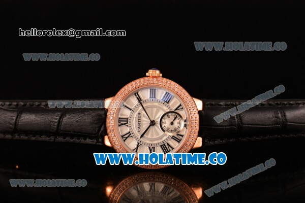 Cartier Ballon Bleu De Small Swiss Quartz Rose Gold Case with Diamonds Bezel White Dial and Black Leather Strap - Black Markers - Click Image to Close