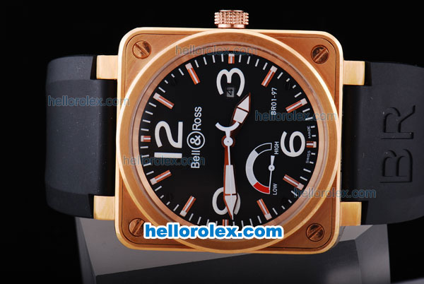 Bell & Ross BR 01-97 Asia ETA 2892 Movement Working Power Reserve Black Dial-Gold Case with Rubber Strap - Click Image to Close