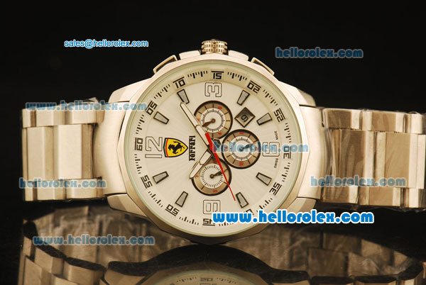 Ferrari Automatic Full Steel Case with White Dial and Three Subdials-SS Strap - Click Image to Close