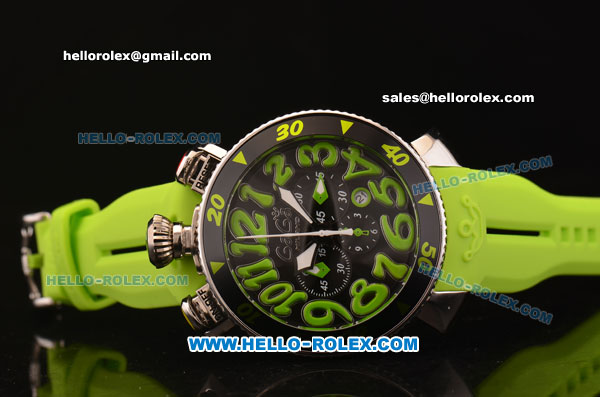 Gaga Milano Chrono 48 Miyota OS20 Quartz PVD Bezel with Black Dial and Green Numeral Markers - Green Rubber Strap - Click Image to Close