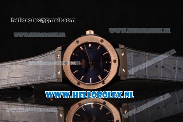 Hublot Classic Fusion 9015 Auto PVD/Rose Gold Case with Blue Dial and Blue Leather Strap - Click Image to Close