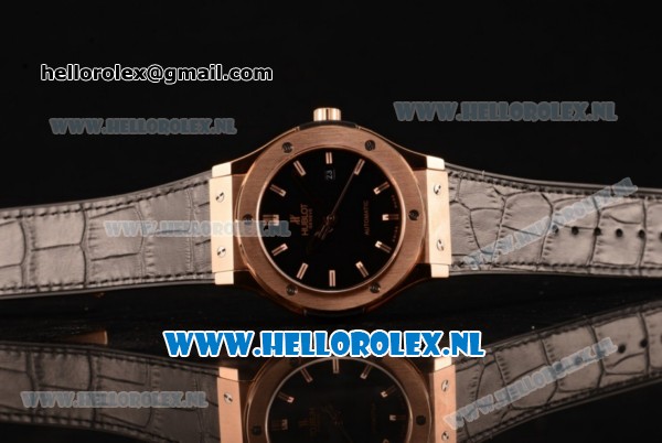 Hublot Classic Fusion 9015 Auto Rose Gold Case with Black Dial and Black Leather Strap - Click Image to Close