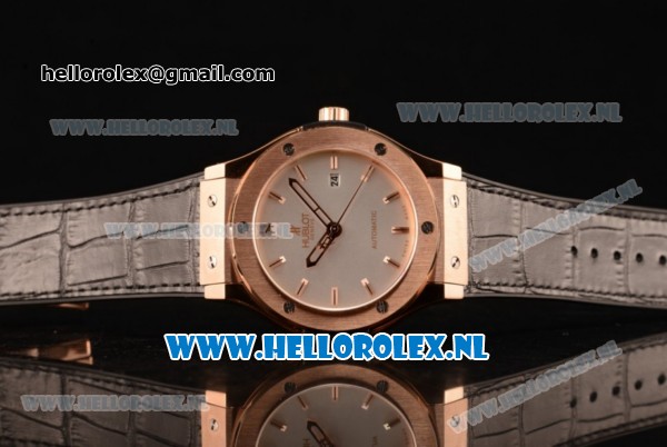 Hublot Classic Fusion 9015 Auto Rose Gold Case with White Dial and Black Leather Strap - Click Image to Close