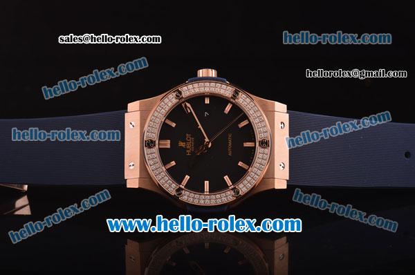 Hublot Classic Fusion Automatic Rose Gold Case with Diamond Bezel and Black Dial - ETA Coating - Click Image to Close