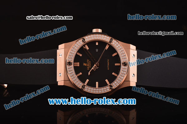 Hublot Classic Fusion Automatic Rose Gold Case with Diamond Bezel - Black Dial and Black Rubber Strap - ETA Coating - Click Image to Close