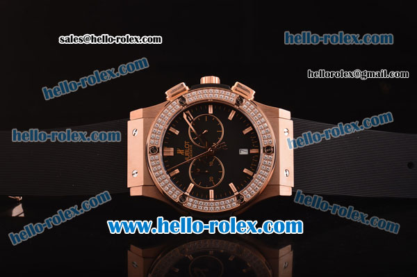 Hublot Classic Fusion Chronograph Miyota Quartz Rose Gold Case - Diamond Bezel with Black Dial and Black Rubber Strap - 7750 Coating - Click Image to Close