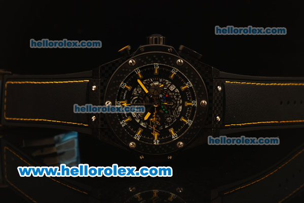 Hublot King Power F1 Chronograph Miyota Quartz Fibre Style PVD Case with Skeleton Dial and Black Leather Strap - Click Image to Close