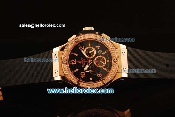 Hublot Big Bang Diamond Bezel Chronograph Swiss Quartz Rose Gold Case With Black Dial and Black Rubber Strap - Click Image to Close