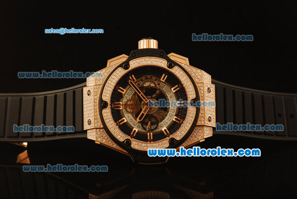 Hublot King Power Swiss Valjoux 7750 Automatic Rose Gold Case with Diamond Bezel and Skeleton Dial-Black Rubber Strap - Click Image to Close