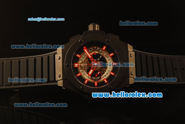 Hublot King Power Swiss Valjoux 7750 Automatic PVD Case with Skeleton Dial and Black Rubber Strap-Red Markers - Click Image to Close