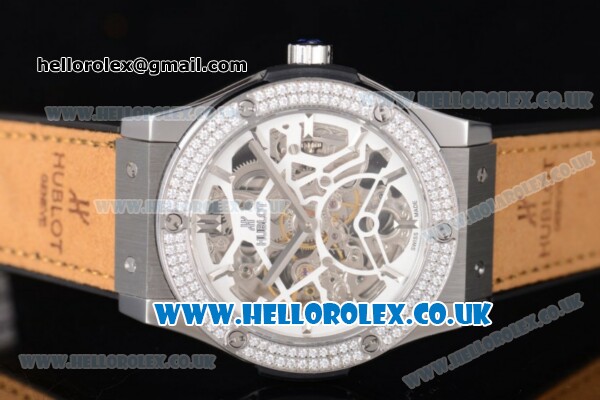 Hublot Classic Fusion Skeleton Asia Automatic Steel Case with Skeleton Dial Diamonds Bezel and Brown Leather Strap - Click Image to Close