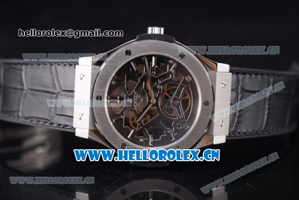 Hublot Classic Fusion Tourbillon Asia 3836 Automatic Steel Case with Skeleton Dial and Grey Leather Strap - Click Image to Close