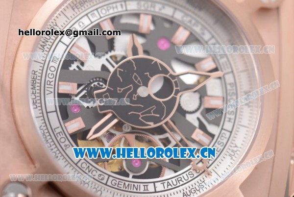 Hublot Masterpiece MP 08 Antikythera Sunmoon Asia 2813 Automatic Rose Gold Case Skeleton Dial Stick Markers and Grey Leather Strap - Click Image to Close