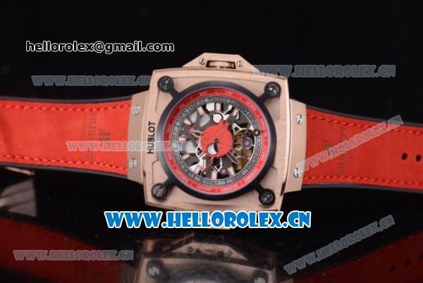 Hublot Masterpiece MP 08 Antikythera Sunmoon Asia 2813 Automatic Rose Gold Case Skeleton Dial Red Inner Bezel and Red Leather Strap - Click Image to Close