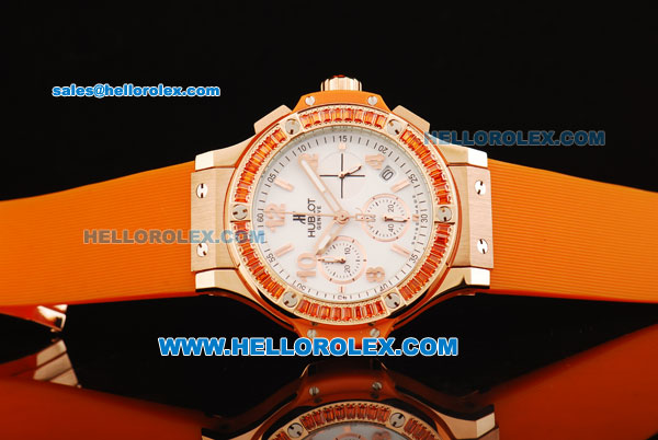 Hublot Big Bang Chronograph Swiss Quartz Movement Rose Gold Case with Orange Diamond Bezel and Orange Rubber Strap-Lady Model - Click Image to Close