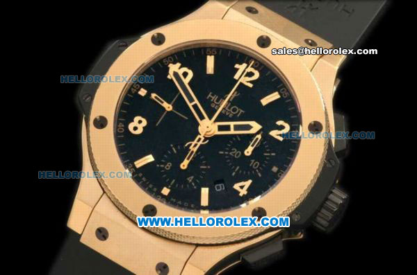 Hublot Big Bang Chronograph Swiss Valjoux 7750 Automatic Movement Gold Case with Black Dial and Black Rubber Strap - Click Image to Close