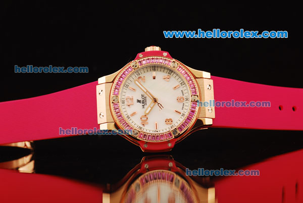 Hublot Big Bang Swiss Quartz Movement Rose Gold Case with Pink Diamond Bezel and Pink Rubber Strap - Click Image to Close