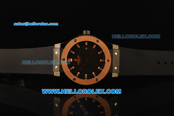 Hublot Classic Fusion Swiss ETA 2824 Automatic Movement PVD Case with Rose Gold Markers and Black Rubber Strap - Click Image to Close