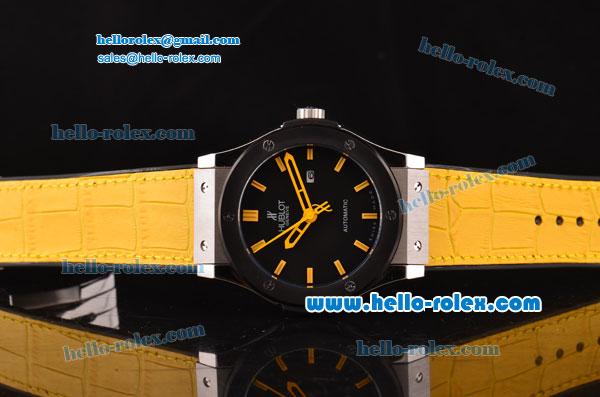 Hublot Classic Fusion Asia 2813 Automatic Steel case with Yellow Stick Markers PVD Bezel and Black Dial - Click Image to Close