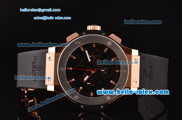 Hublot Aero Bang Chronograph Swiss valjoux 7750-SHG automatic Rose Gold Case with Skeleton Dial Gold Stick Markers and Black Rubber Strap - Click Image to Close