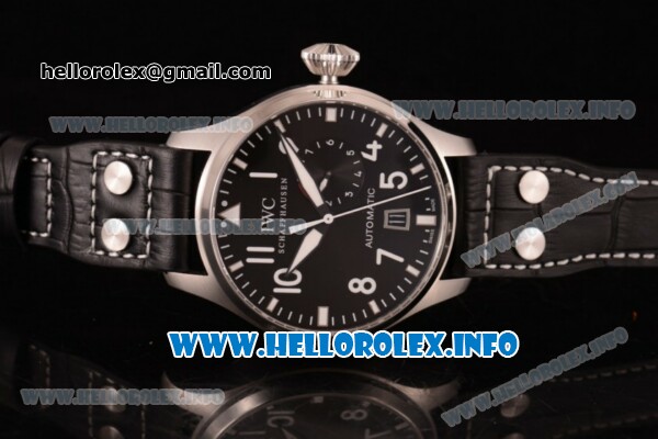 IWC Big Pilot's Watch Swiss Valjoux 7750 Automatic Steel Case with Black Dial Arabic Number Markers and Black Leather Strap - Click Image to Close