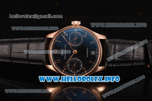 IWC Portuguese Power Reserve Clone IWC 52010 Automatic Rose Gold Case with Black Dial and Leather Strap - Arabic Numeral Markers (ZF) - Click Image to Close